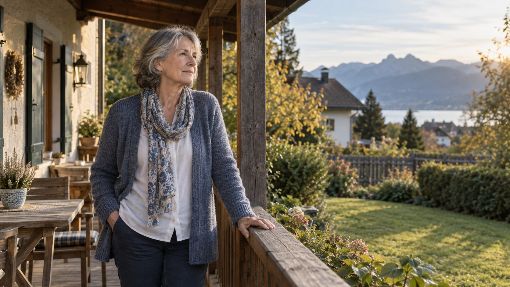 Eigentümerin steht auf der Terrasse ihres Hauses und blickt in den Garten