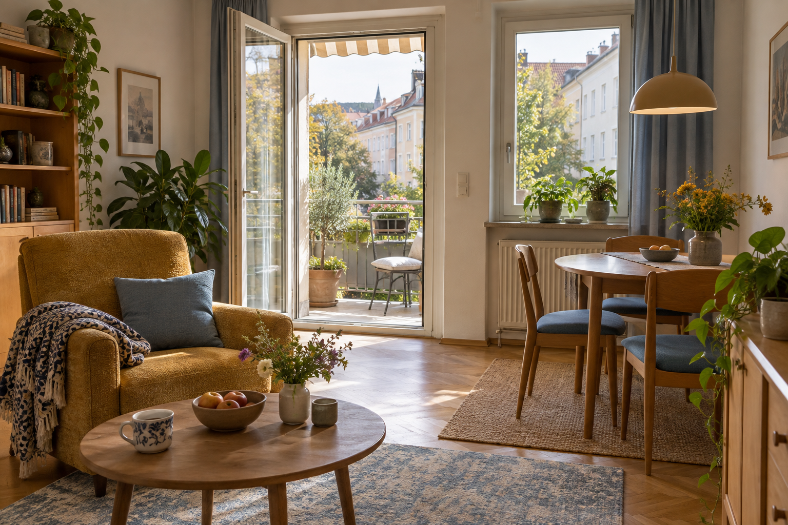 Heller Wohnraum einer kleineren Wohnung mit Balkon und Blick in eine österreichische Stadt